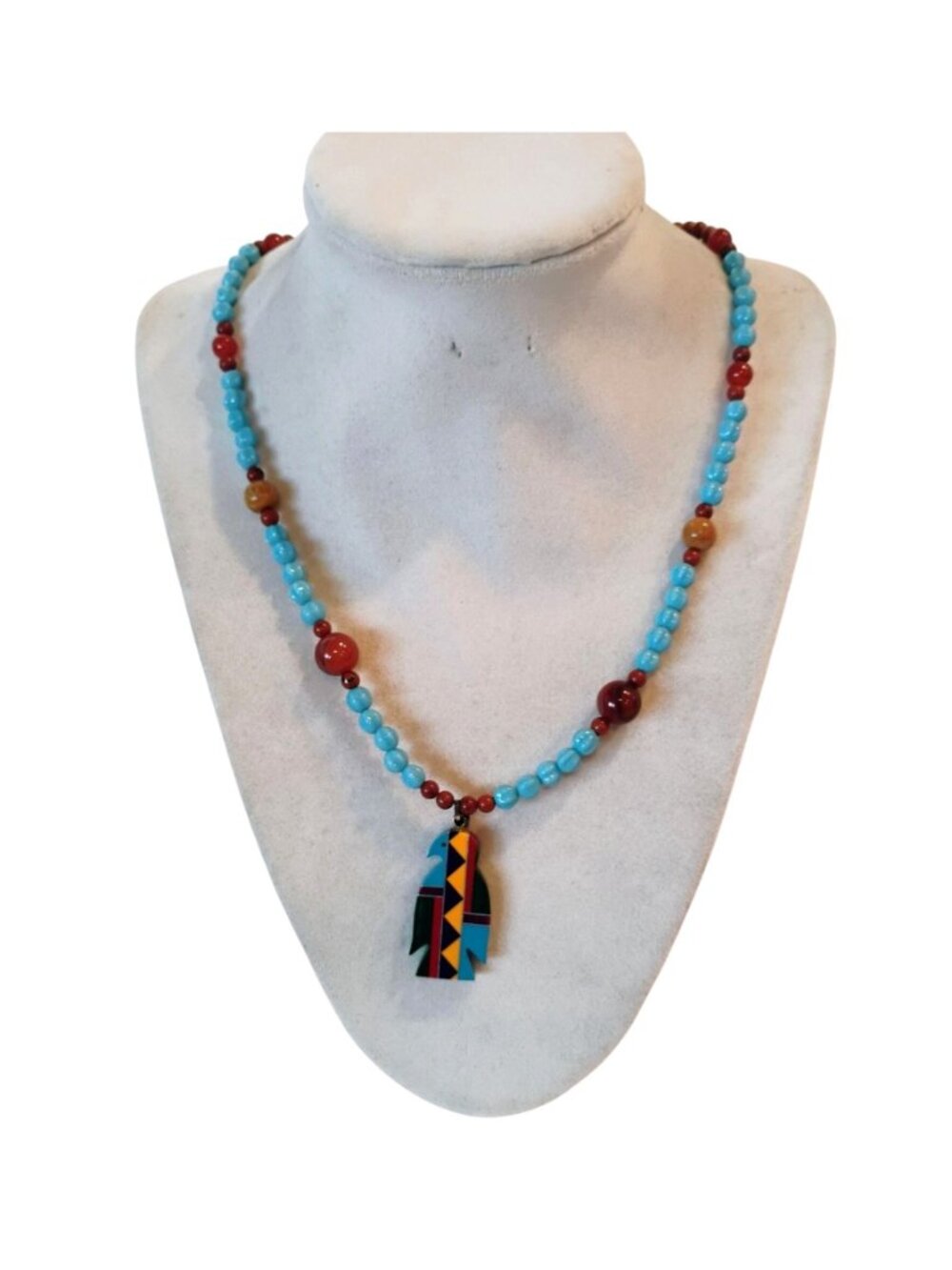 Inlay Thunderbird Fetish Pendant Necklace Turquoise Melon Beads & Blood Jasper - Picture 4 of 9